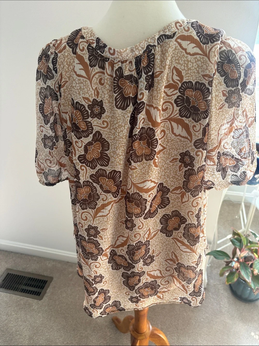 LOFT Cream Blouse with Brown Floral Design